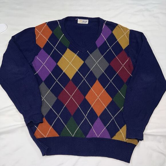 Pringle Of Scotland Sweater Mens Size L Navy Blue Multicolor Cotton Vintage Golf